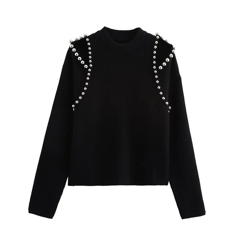 Women's Round Neck Long Sleeve Beaded Ball Decoration Sweater