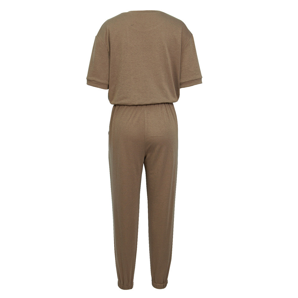 Workwear Casual Round Neck Short Sleeve Trousers Two-piece Set