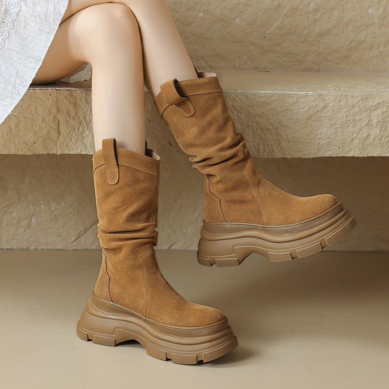 Thick-soled Round-toe Frosted Pleated Pile Style Boots