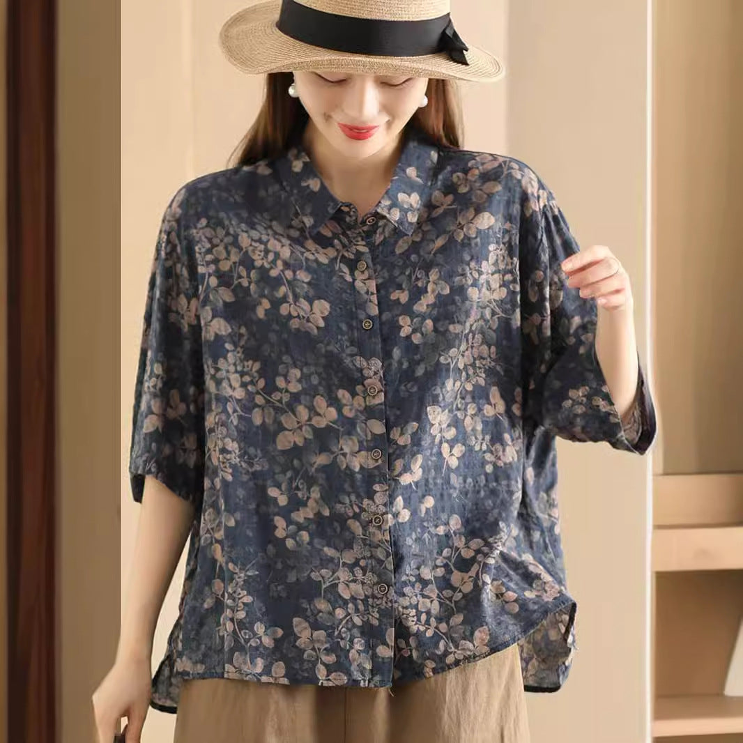 Retro Fried Color Printing Cotton Linen Shirt