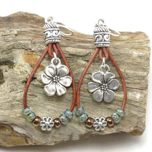 Bohemian Style Leather Rope Flower Beaded Earrings