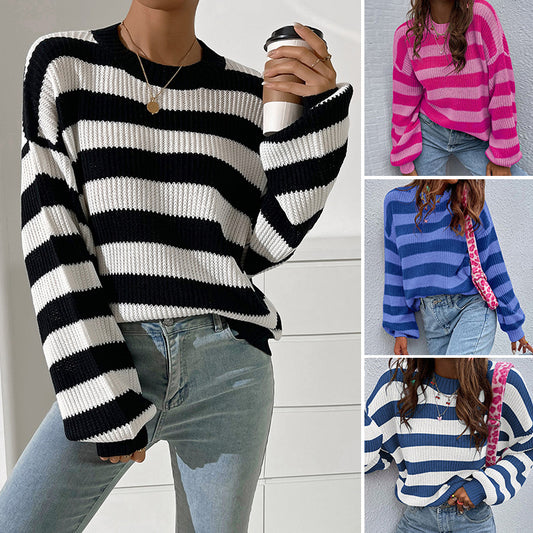 Women's Round Neck Loose Casual Contrast Color Striped Sweater