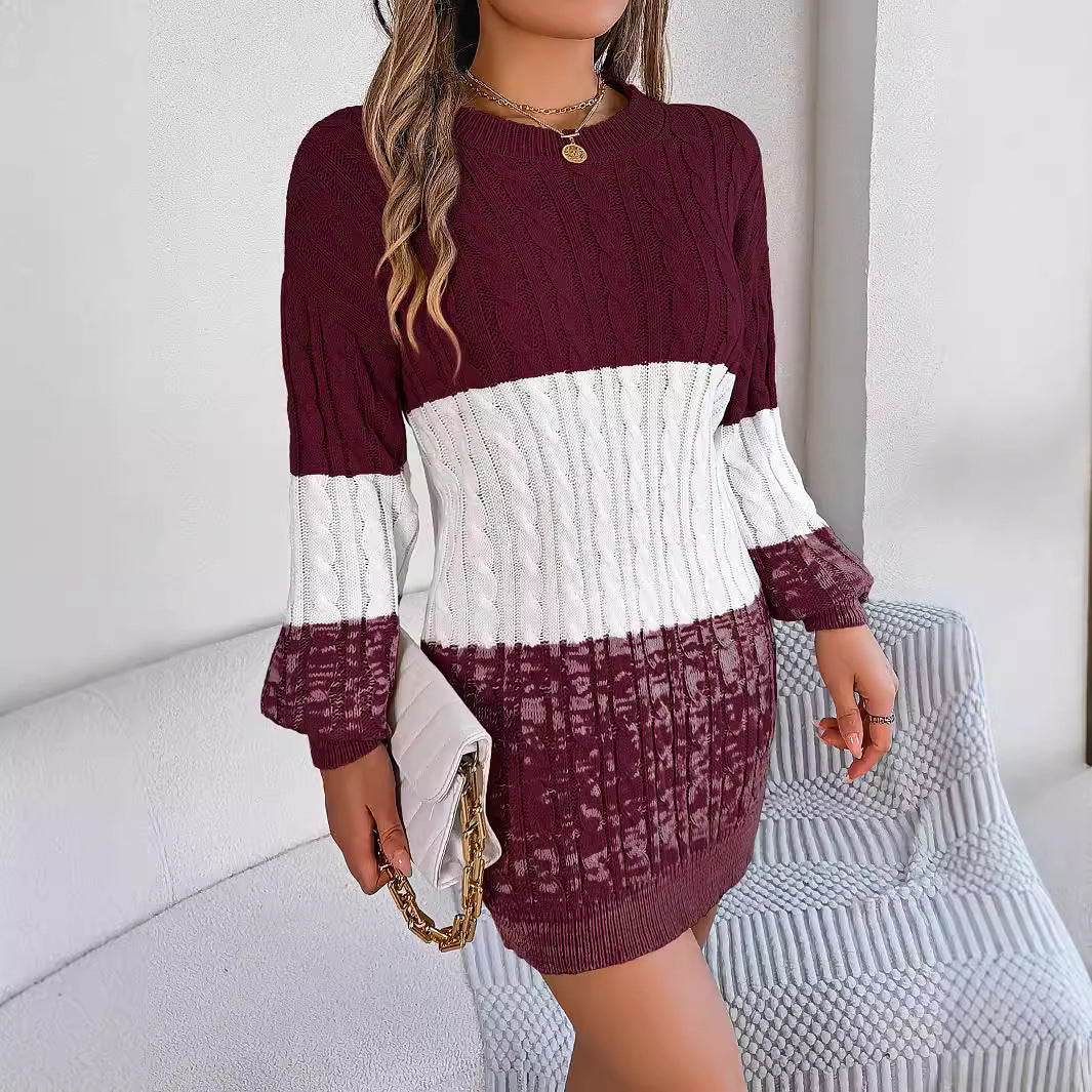 Casual Multicolor Twist Lantern Sleeve Woolen Skirt