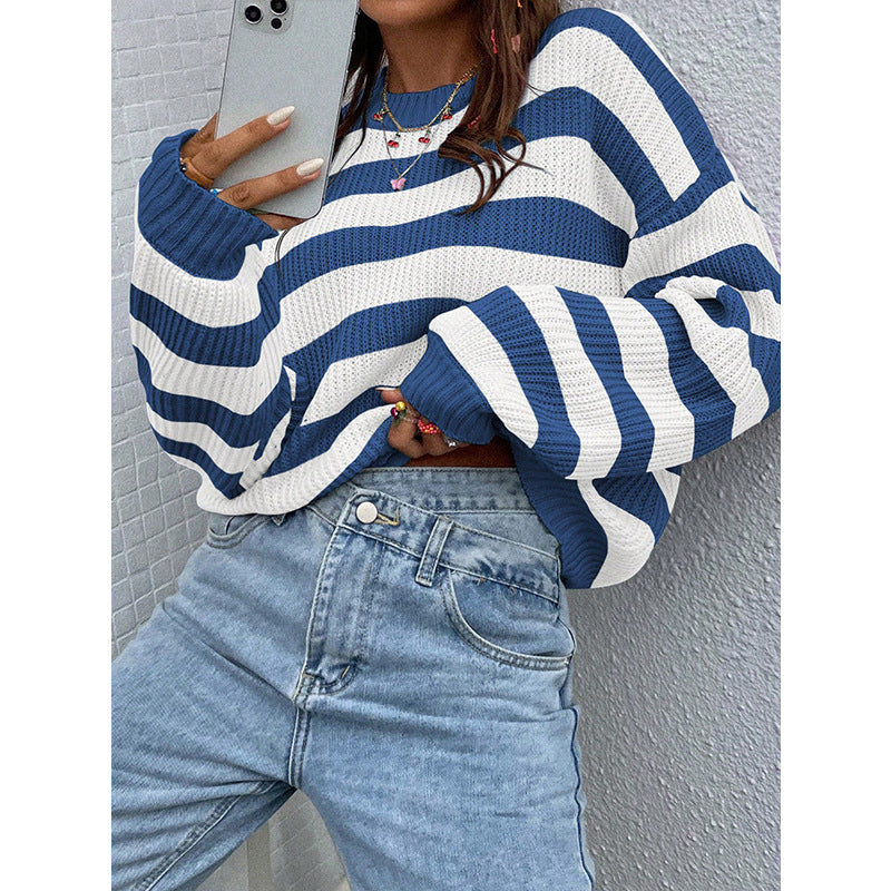 Women's Round Neck Loose Casual Contrast Color Striped Sweater