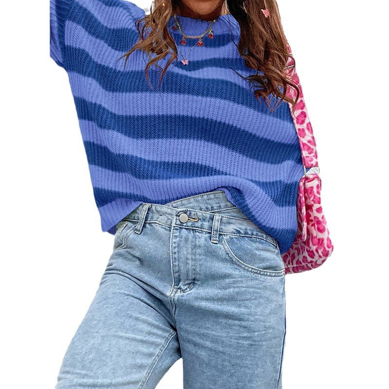 Women's Round Neck Loose Casual Contrast Color Striped Sweater