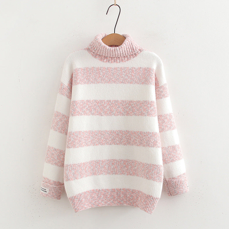 Japanese Style Half Turtleneck Pullover Long Sleeve Knitted Sweater Striped Contrast Color Ladies