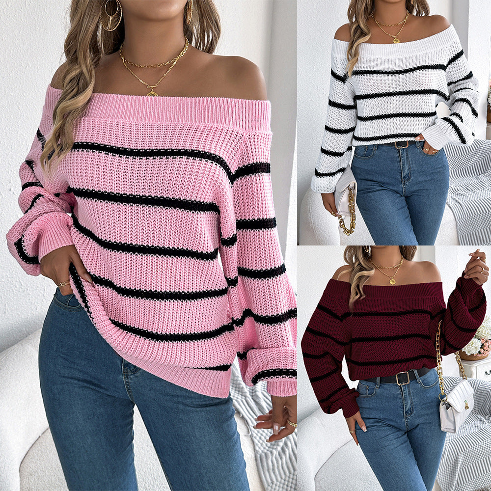 Casual Striped Off-the-shoulder Lantern Sleeve Pullover