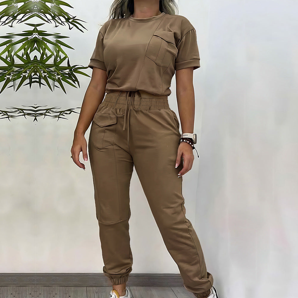 Workwear Casual Round Neck Short Sleeve Trousers Two-piece Set