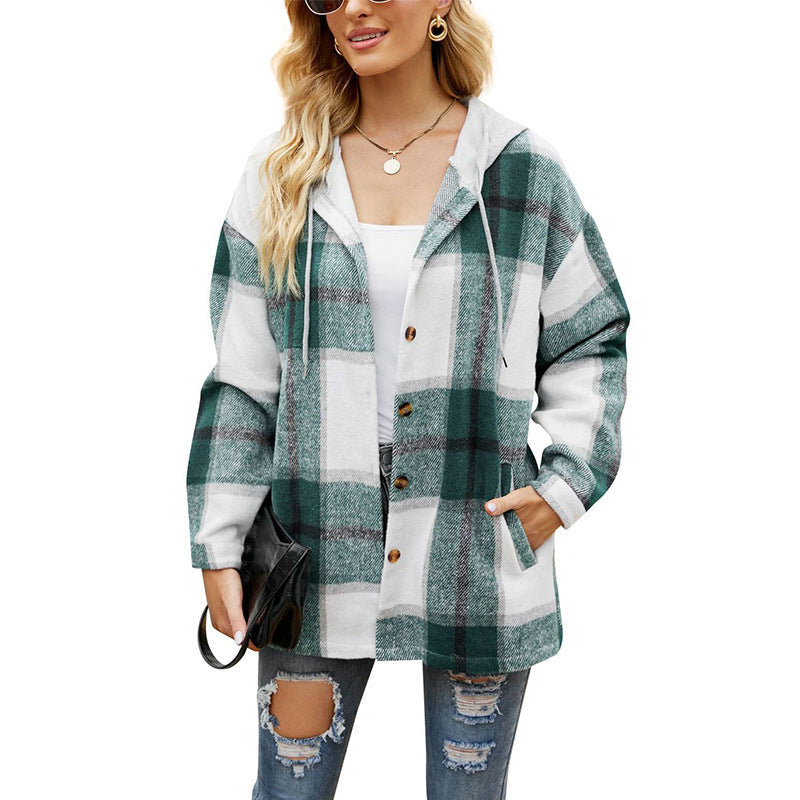 Ladies Plaid Coat Hooded Casual Loose Shirt