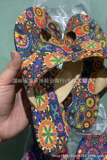Plus Size Ethnic Style Flat Toe Ring Slippers