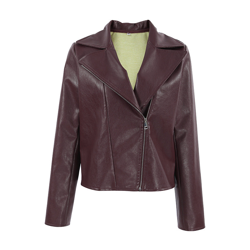 Wine Red Faux Leather Suit Collar Long Sleeve Jacket