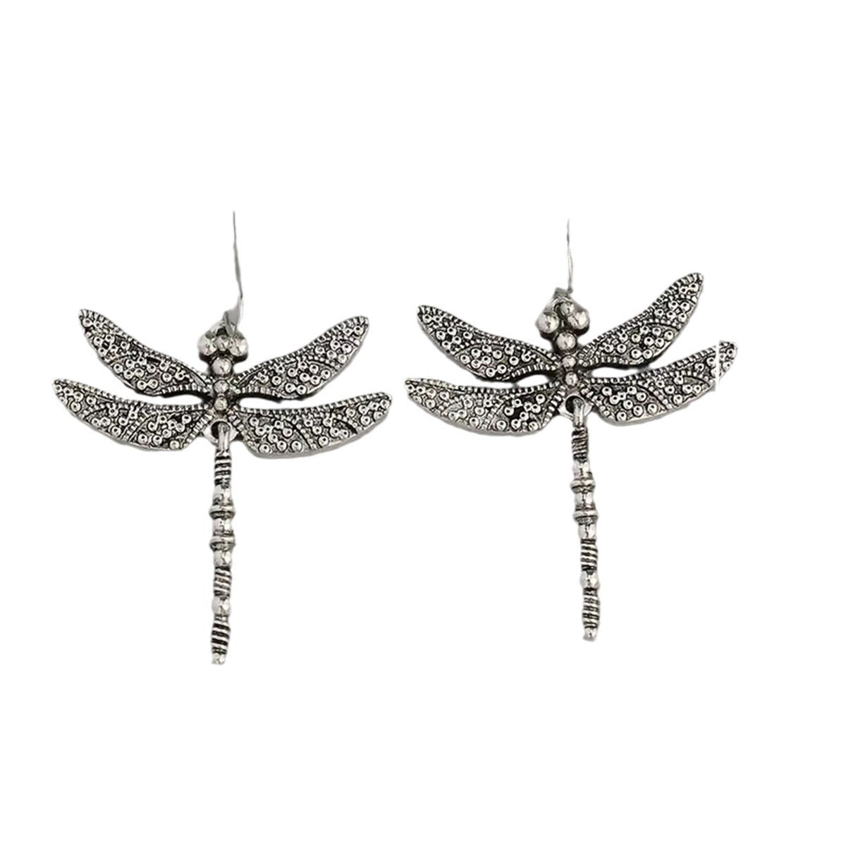 Bohemian Silver Plated Dragonfly Earrings Carved Design