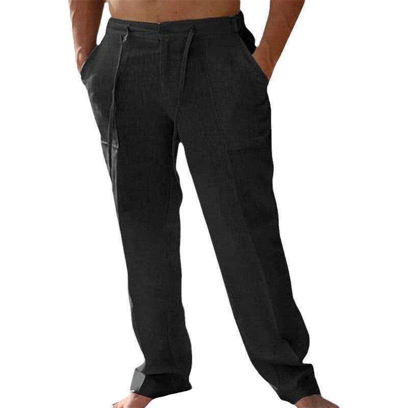Men's Casual Linen Patch Pocket Loose Drawstring Straight Summer Beach Yoga Trousers