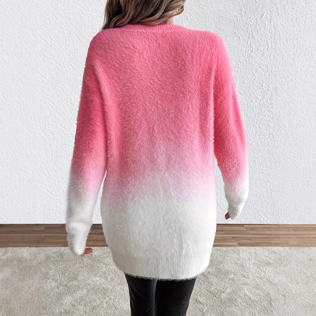 Lady Temperament Woolen Gradient Top Fashion Round Neck Sweater