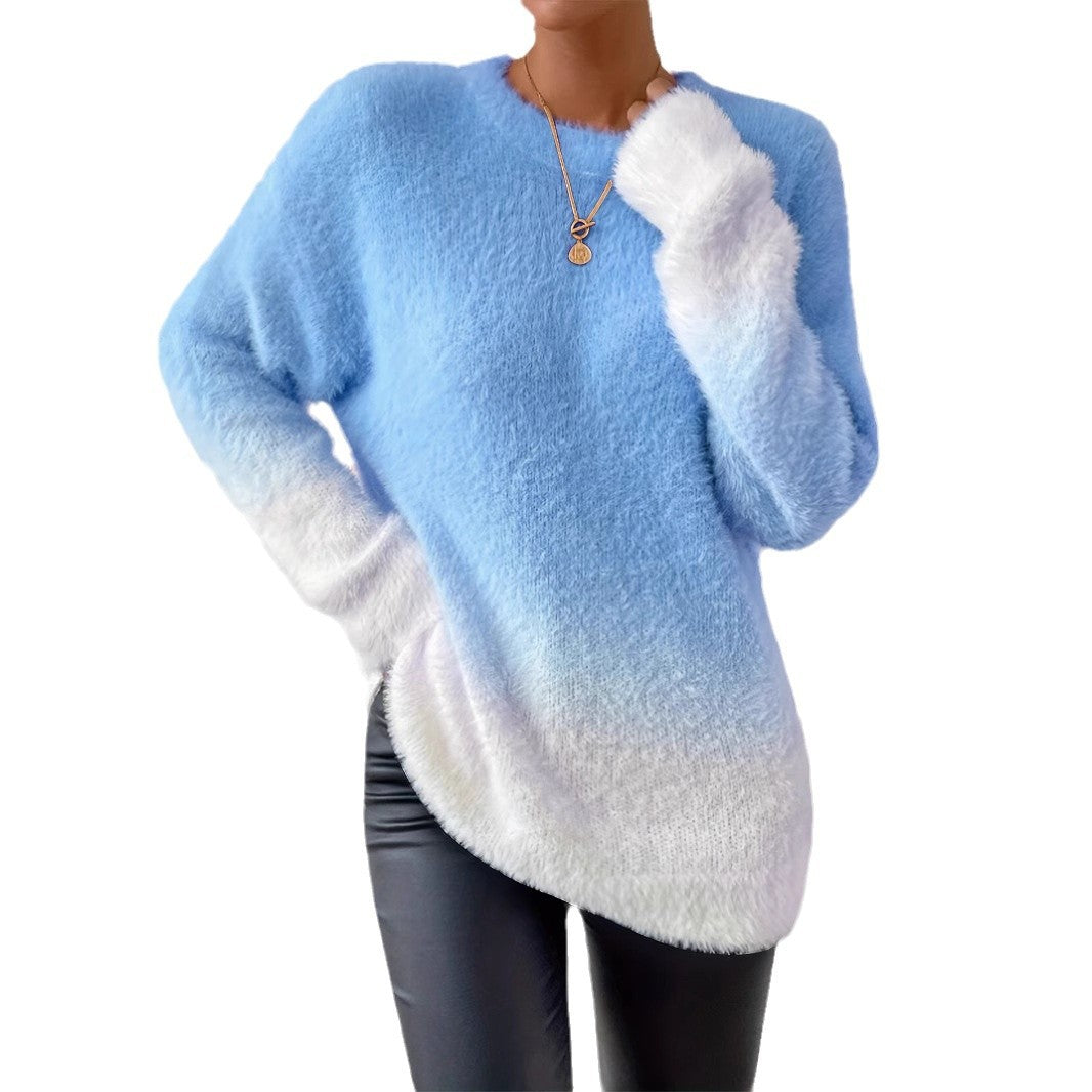 Lady Temperament Woolen Gradient Top Fashion Round Neck Sweater