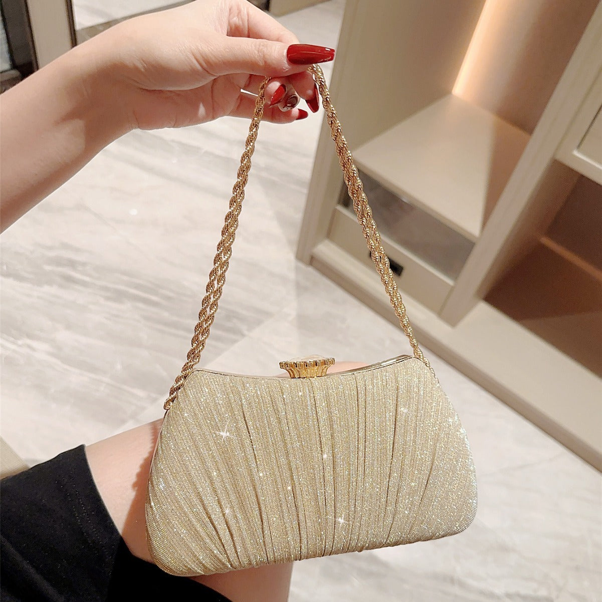 Shiny Pleated Evening Party Dress One Shoulder Prom Bag