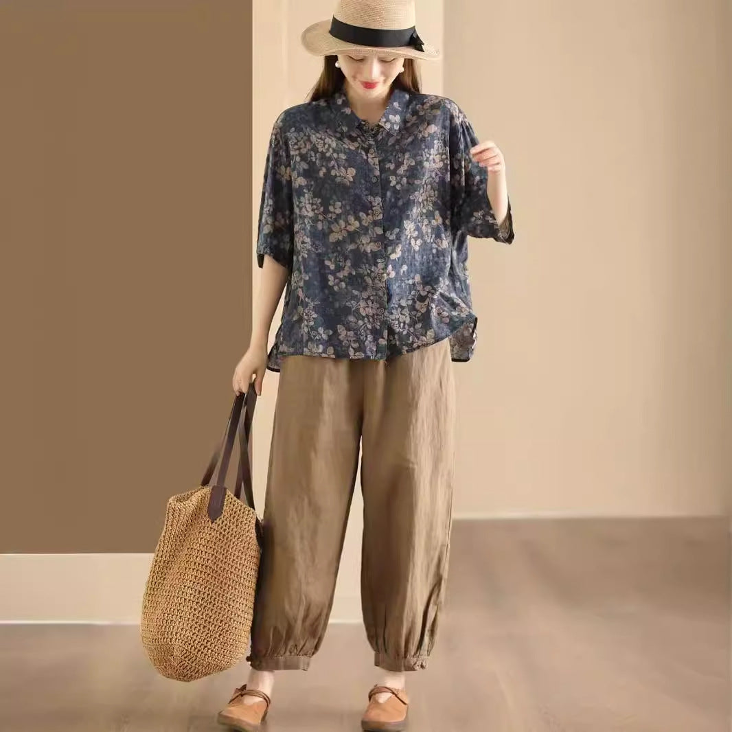 Retro Fried Color Printing Cotton Linen Shirt