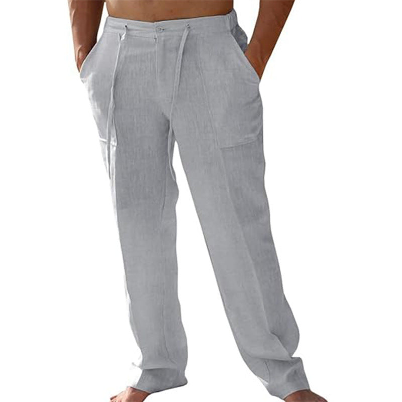 Men's Casual Linen Patch Pocket Loose Drawstring Straight Summer Beach Yoga Trousers