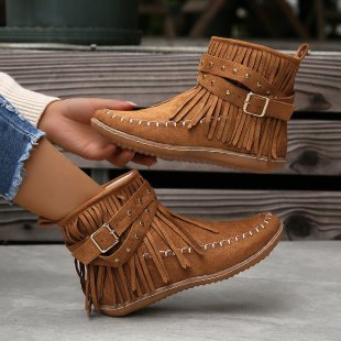 Women's Double-layer Tassel Flat Bottom Fleece-lined Boots