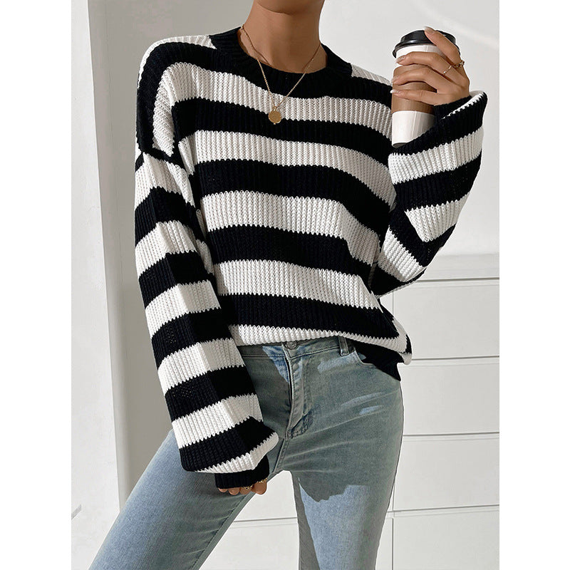 Women's Round Neck Loose Casual Contrast Color Striped Sweater