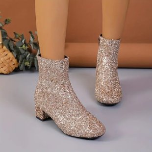 Outfit Sequin Chunky Heel Soft Bottom Women's Side Zipper Boots