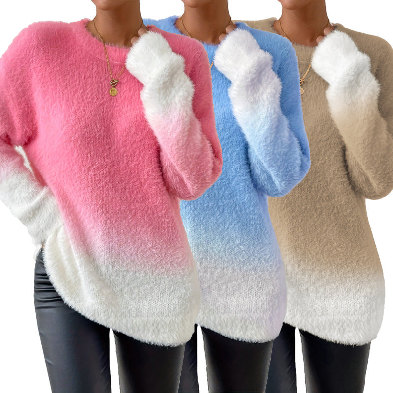 Lady Temperament Woolen Gradient Top Fashion Round Neck Sweater