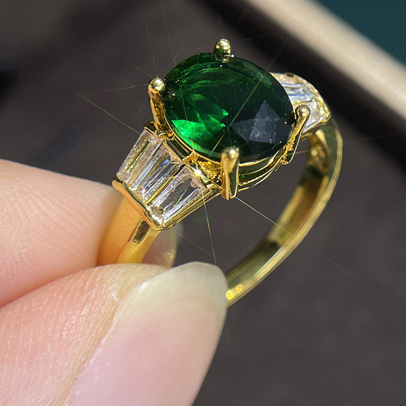 Women's Elegant Oval Artificial Emerald Tourmaline Colored Gems Open Ring