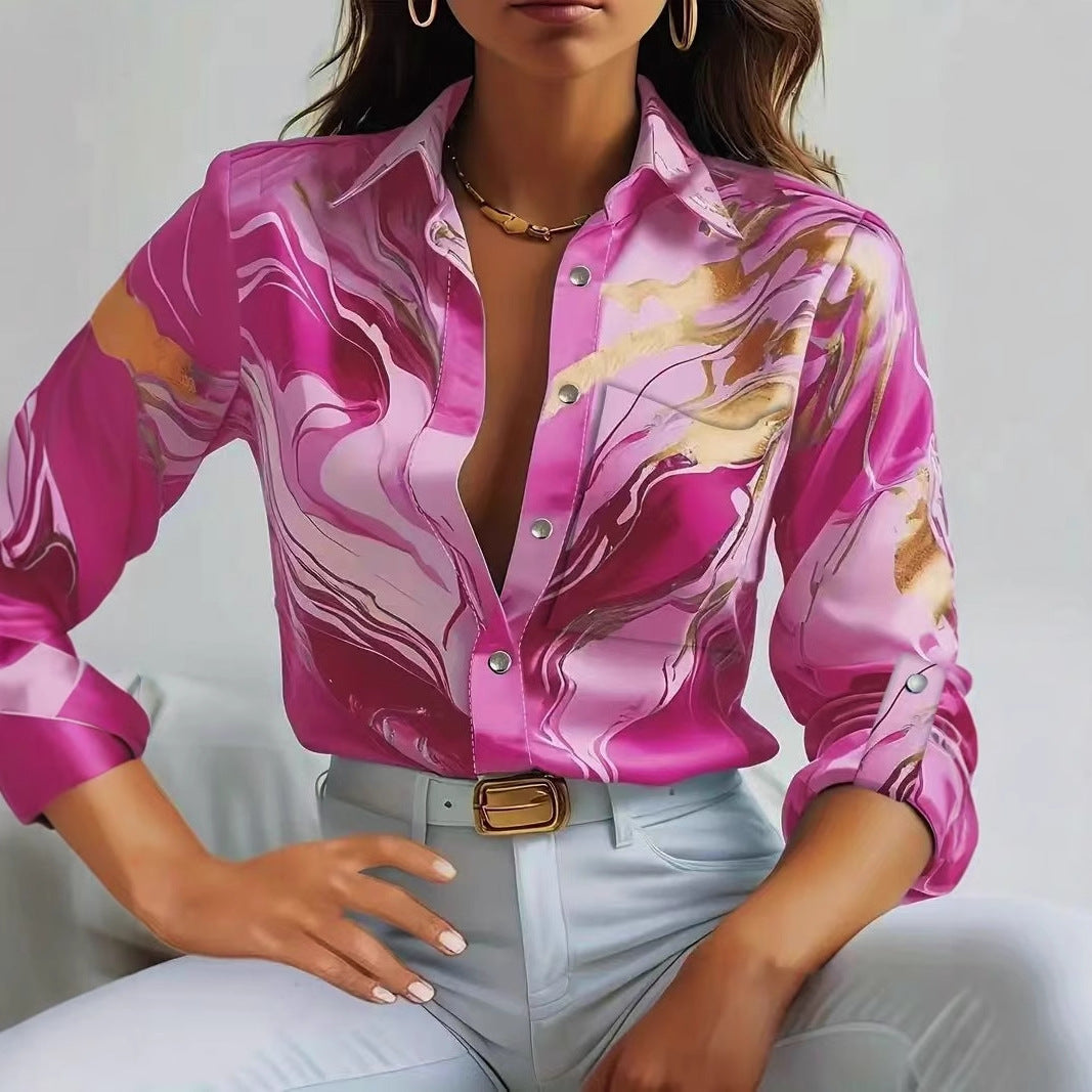 Season Fashion Casual Loose Button Long Sleeve Printed Shirt For Women