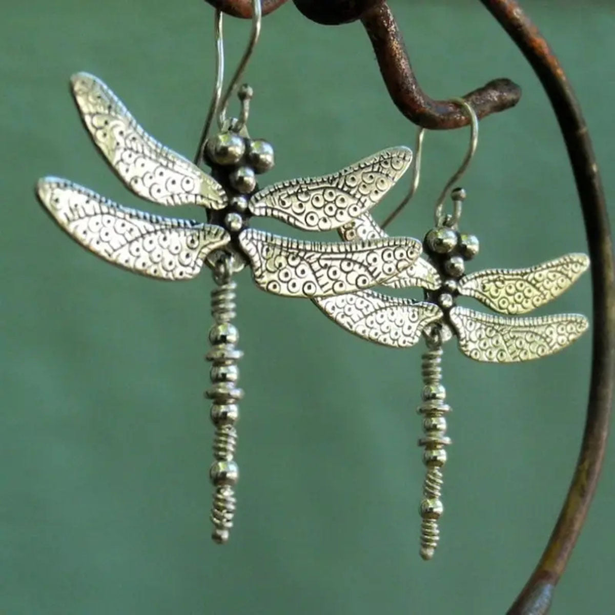 Bohemian Silver Plated Dragonfly Earrings Carved Design