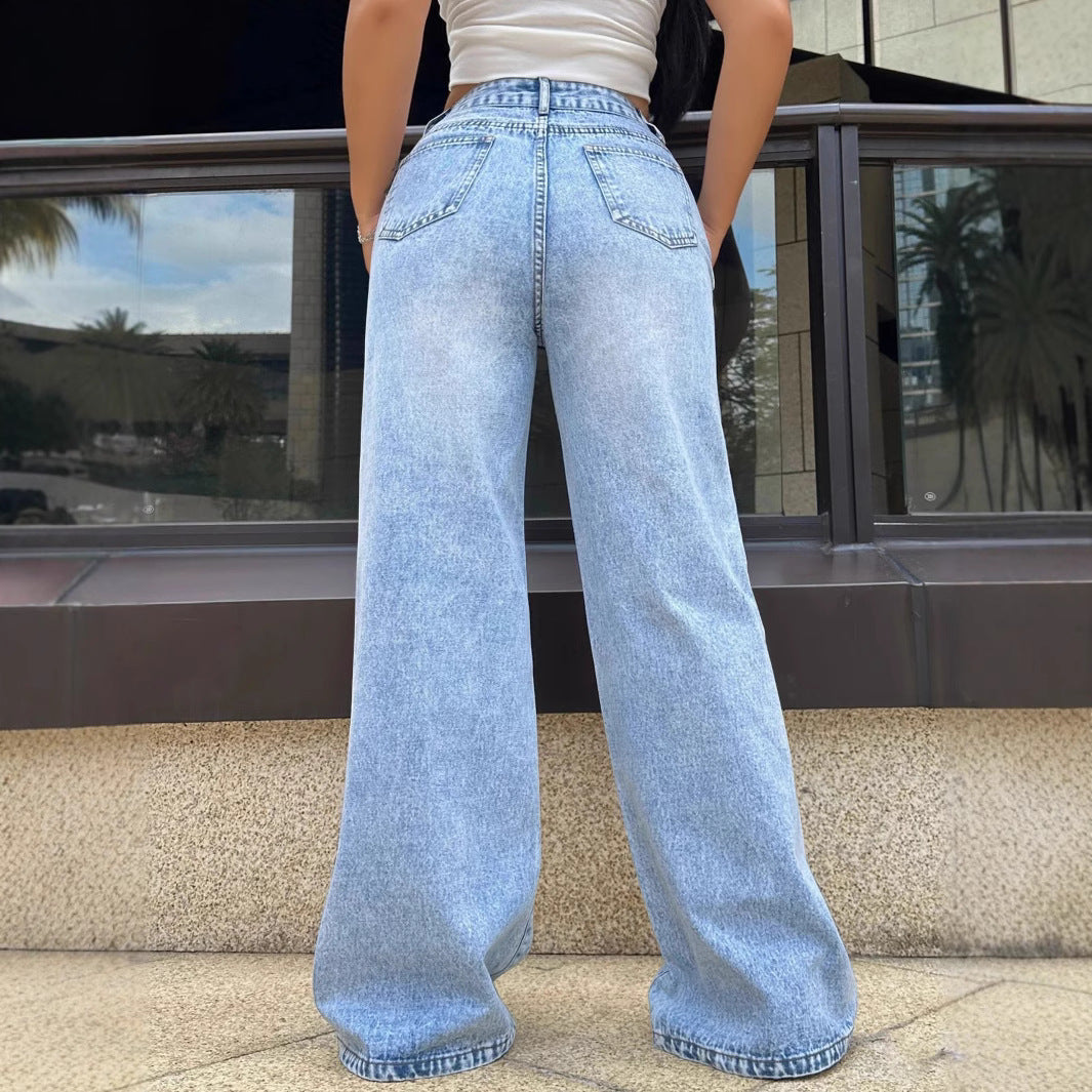 Ripped Washed Jeans Loose Straight Wide Leg