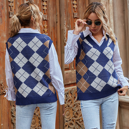 Warm Rhombus V-neck Sweater Vest Women's Knitted