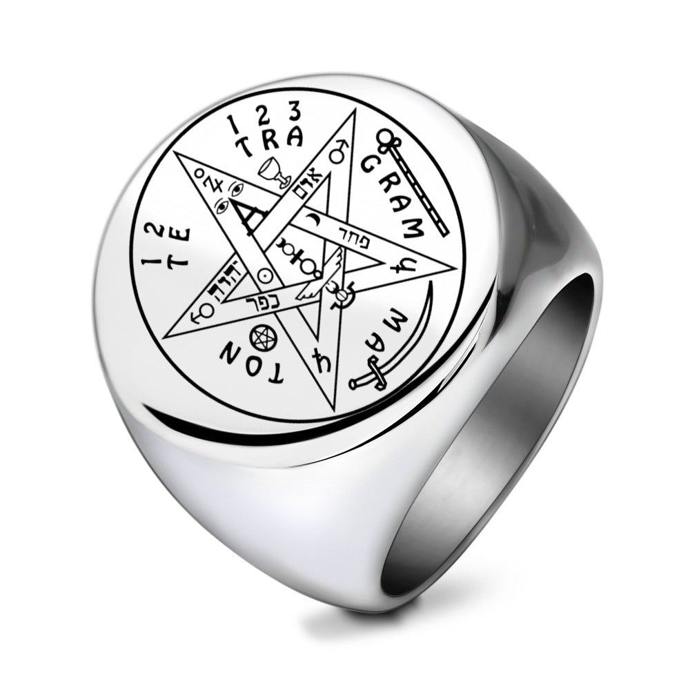 Five-pointed Star Stamp Letter Geometric Glossy Round 22MM Creative Stainless Steel Ring