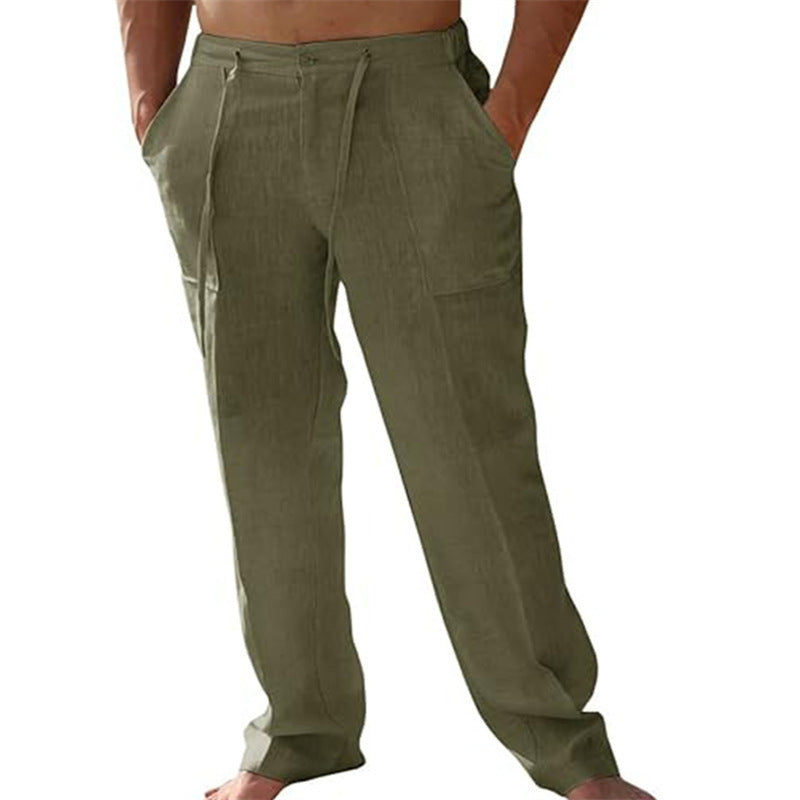 Men's Casual Linen Patch Pocket Loose Drawstring Straight Summer Beach Yoga Trousers