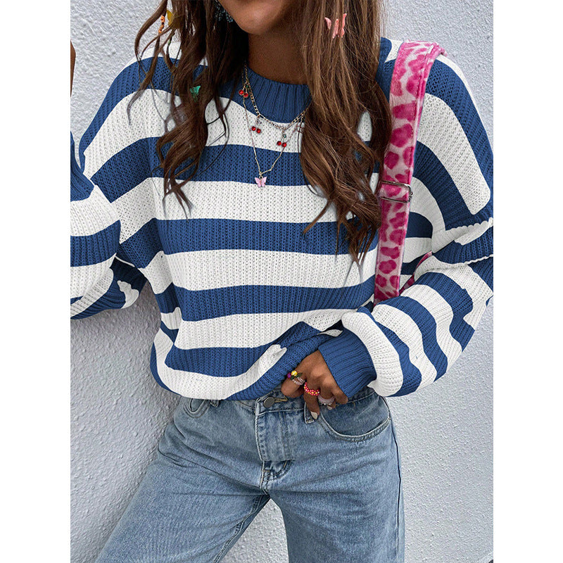 Women's Round Neck Loose Casual Contrast Color Striped Sweater