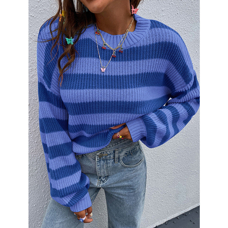 Women's Round Neck Loose Casual Contrast Color Striped Sweater