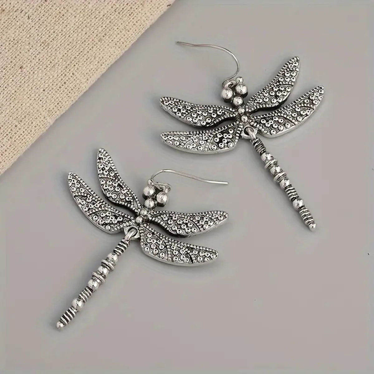 Bohemian Silver Plated Dragonfly Earrings Carved Design