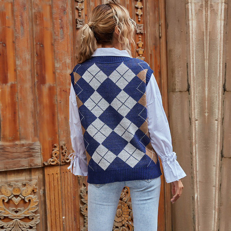 Warm Rhombus V-neck Sweater Vest Women's Knitted