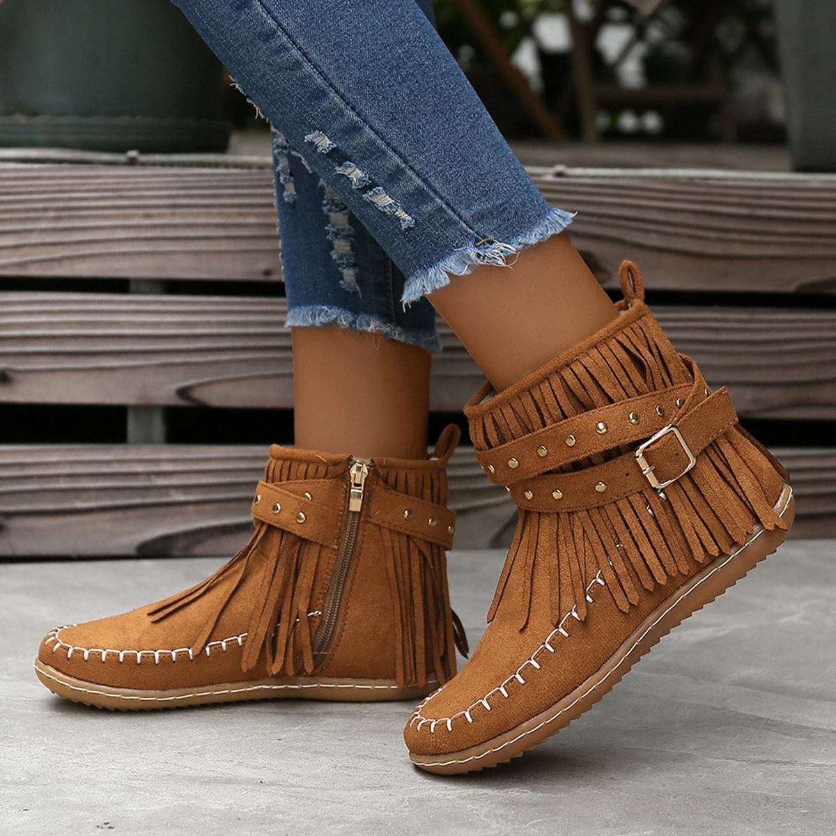 Women's Double-layer Tassel Flat Bottom Fleece-lined Boots