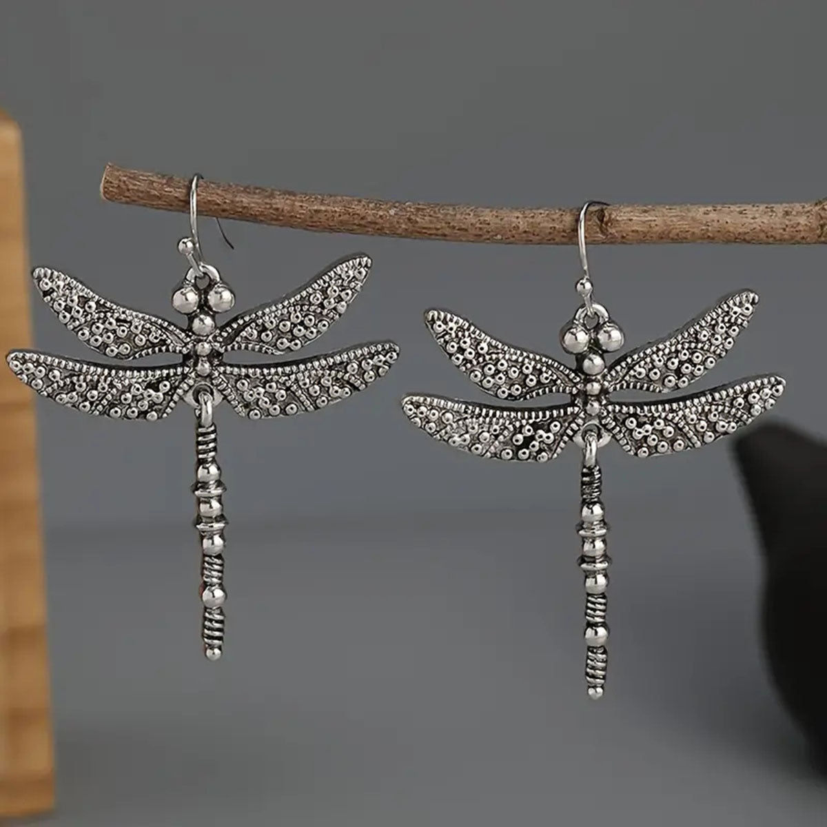 Bohemian Silver Plated Dragonfly Earrings Carved Design