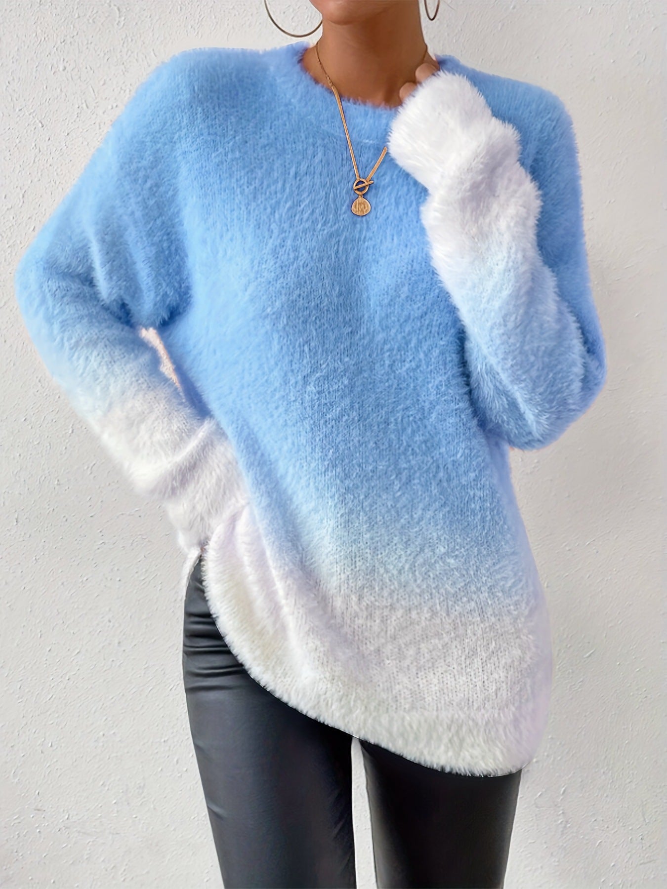 Lady Temperament Woolen Gradient Top Fashion Round Neck Sweater