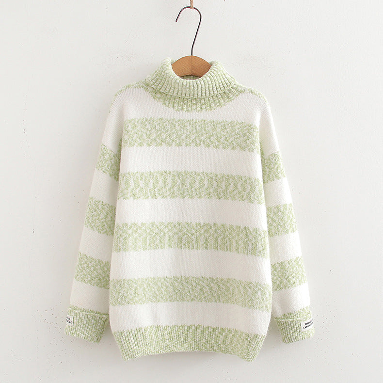 Japanese Style Half Turtleneck Pullover Long Sleeve Knitted Sweater Striped Contrast Color Ladies