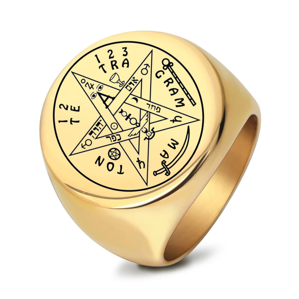 Five-pointed Star Stamp Letter Geometric Glossy Round 22MM Creative Stainless Steel Ring