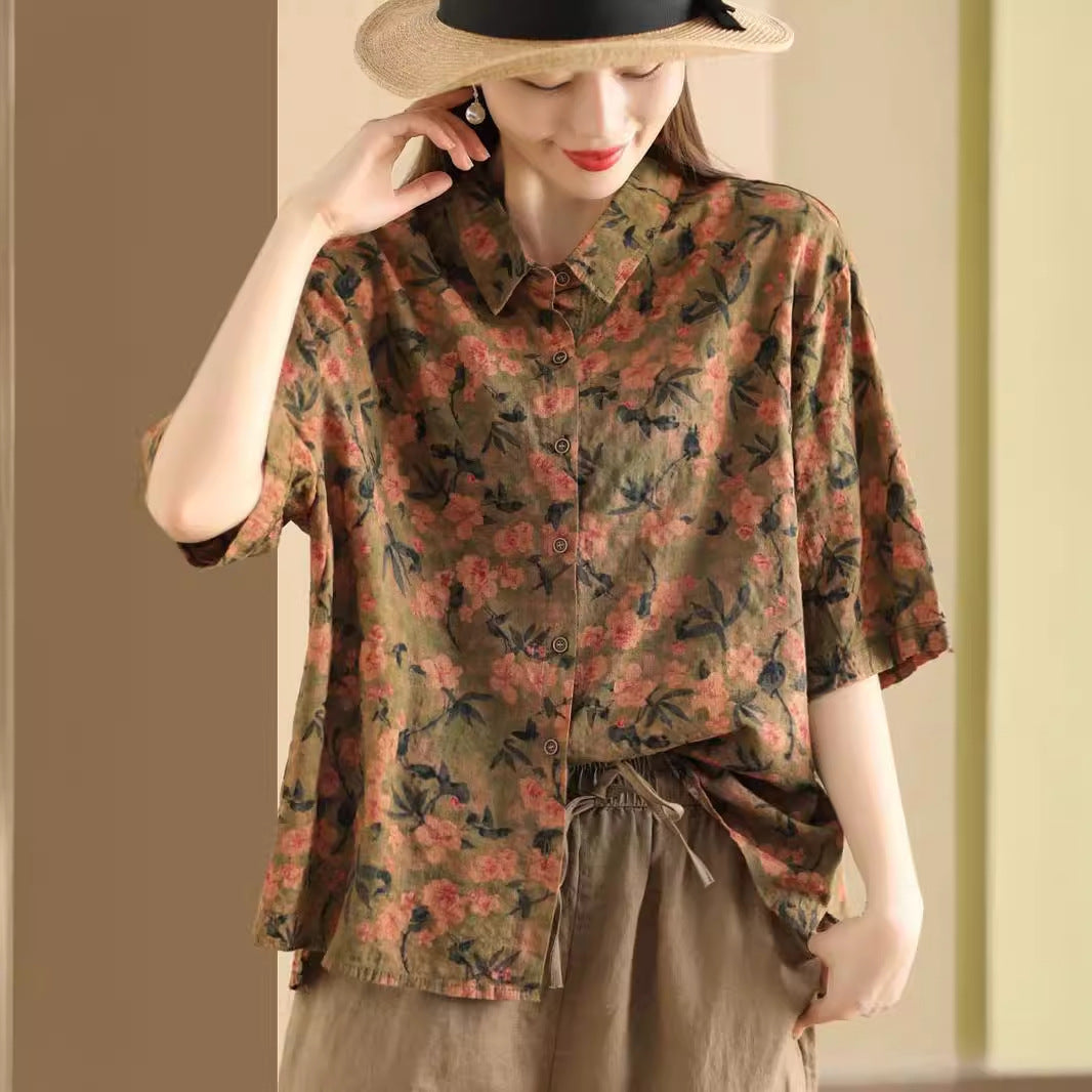 Retro Fried Color Printing Cotton Linen Shirt
