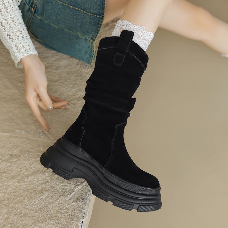 Thick-soled Round-toe Frosted Pleated Pile Style Boots