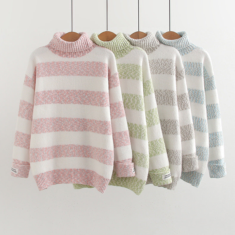 Japanese Style Half Turtleneck Pullover Long Sleeve Knitted Sweater Striped Contrast Color Ladies