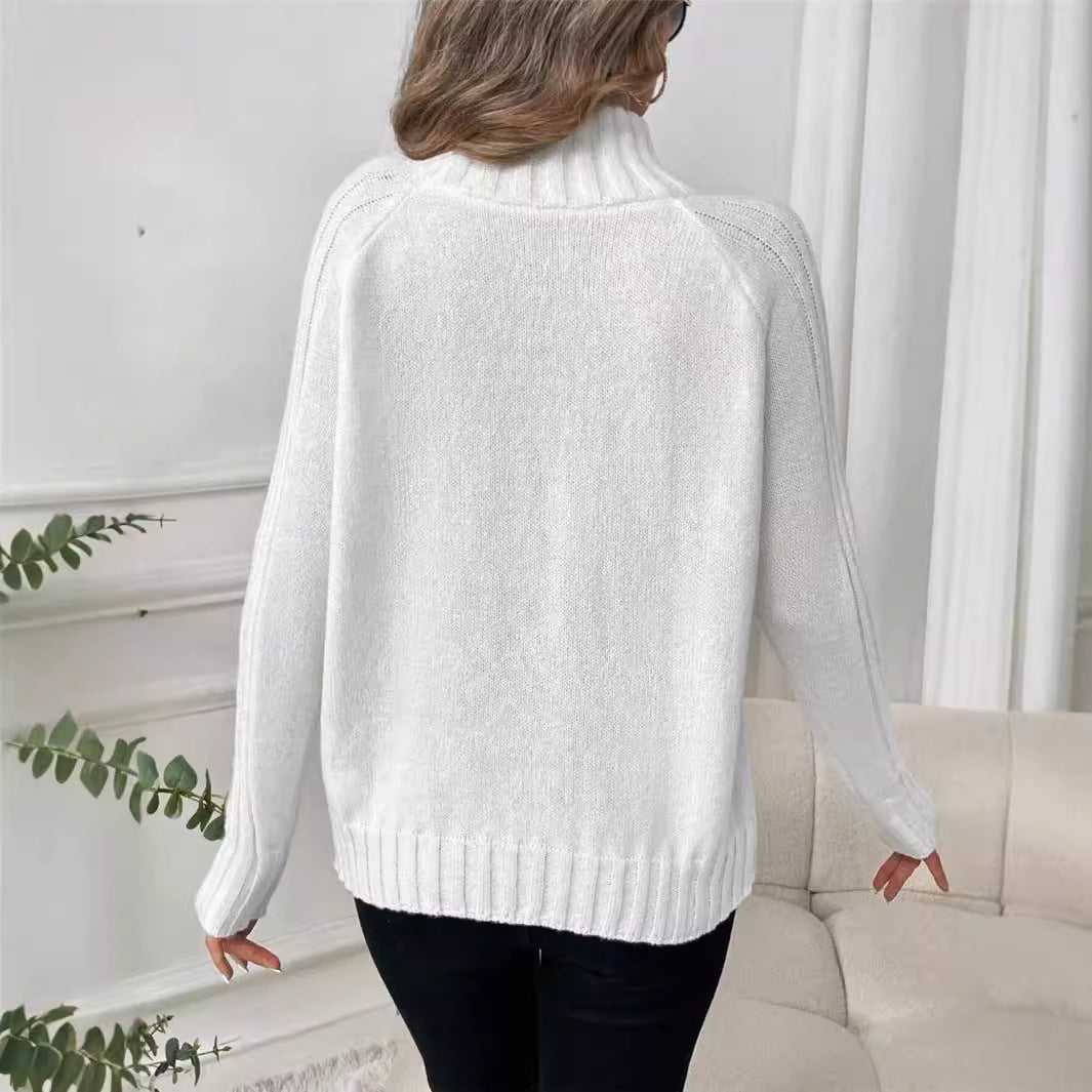 Women's Pure Color All-matching Pullover Raglan Long Sleeve Sweater Autumn And Winter Turtleneck