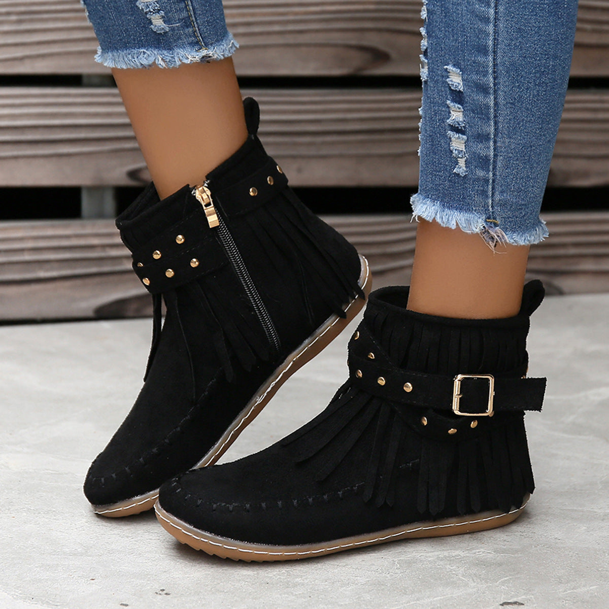 Women's Double-layer Tassel Flat Bottom Fleece-lined Boots