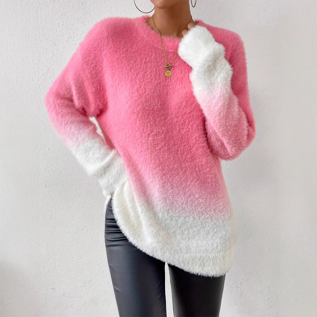 Lady Temperament Woolen Gradient Top Fashion Round Neck Sweater