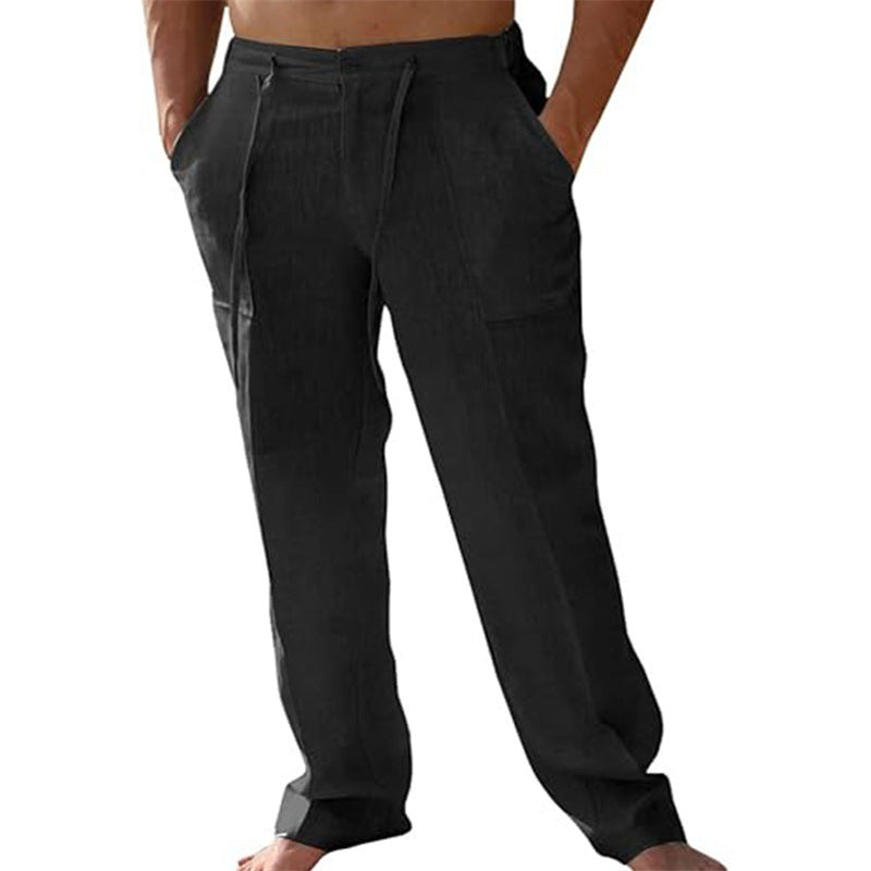Men's Casual Linen Patch Pocket Loose Drawstring Straight Summer Beach Yoga Trousers