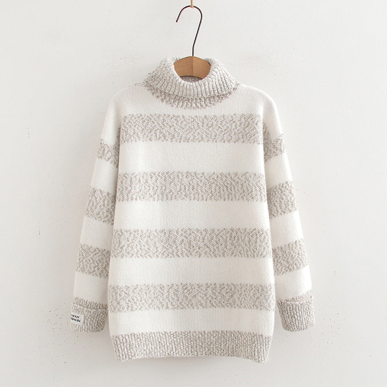 Japanese Style Half Turtleneck Pullover Long Sleeve Knitted Sweater Striped Contrast Color Ladies